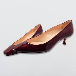 Christian Louboutin Kitten Heel Square Toe Patent Leather Red Sole Burgundy